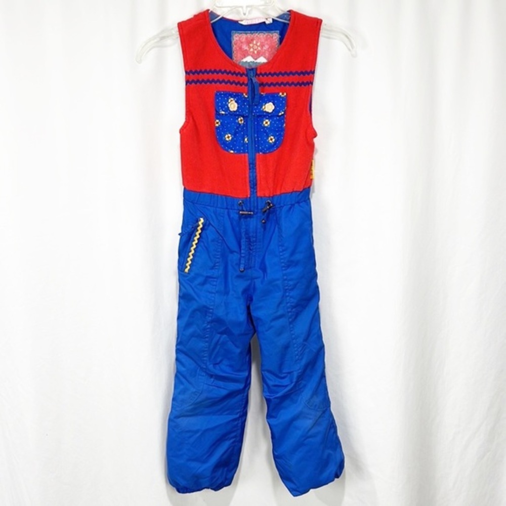 Obermeyer Vintage Kid's Snow Bibs Red and Blue Buttons Snow Pants 80s 90s size 5
